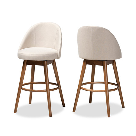 BAXTON STUDIO Carra Beige Upholstered Walnut-Finished Wood Swivel Bar Stool, PK2 157-9651